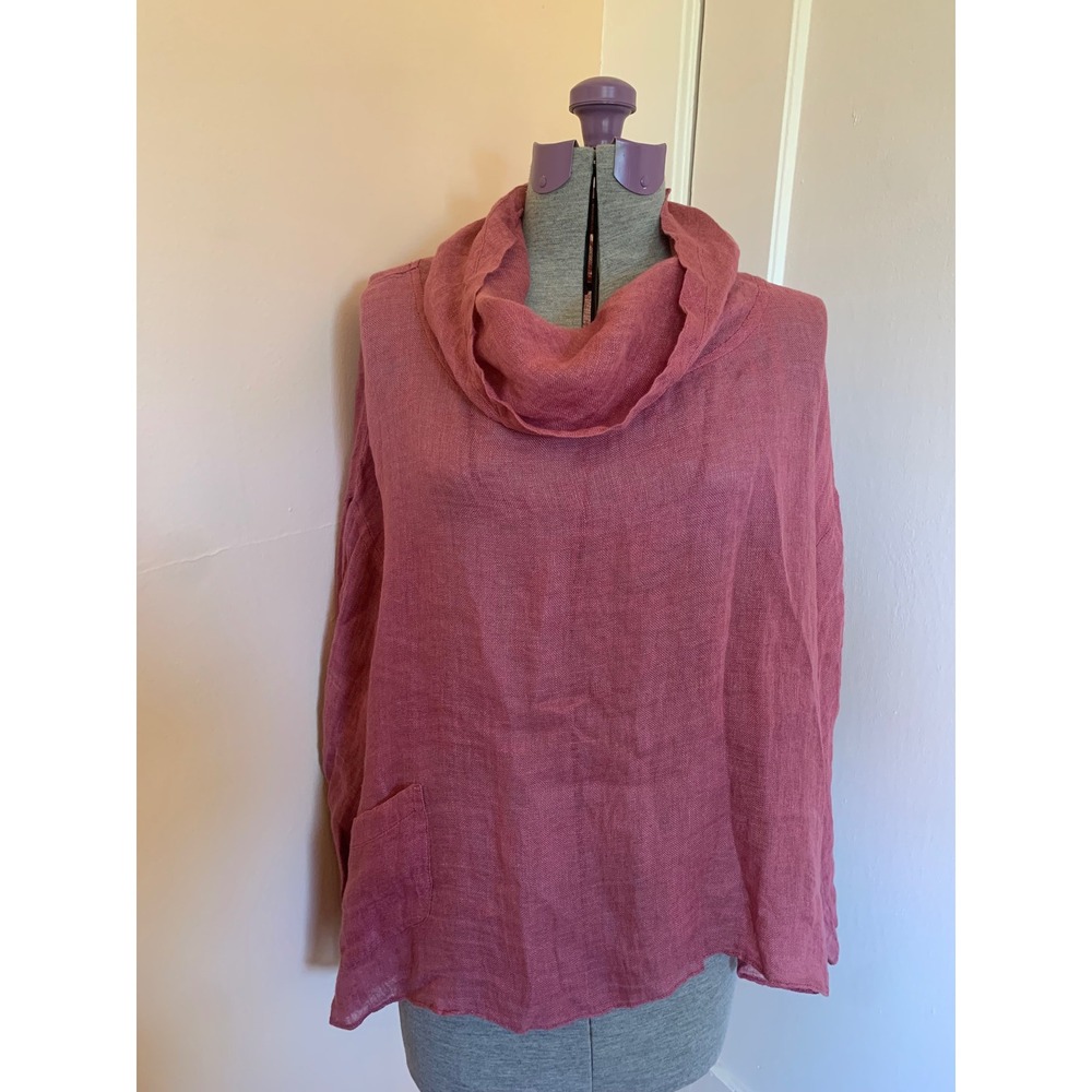 Eleven Stitch Design Womens Pink 100% Linen Gauze Cowl Neck Long Sleeve Top S
